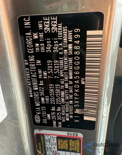 2016 Kia Sorento Sx z USA, uszkodzony, nr VIN 5XYPKDA56GG088499